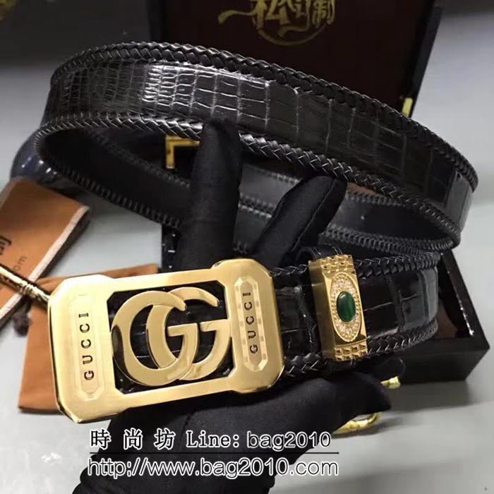 古馳CUCCI 古馳 純手工美洲鱷魚肚皮無拼接 專櫃雙G鋼扣 高端男士皮帶 GHG1194